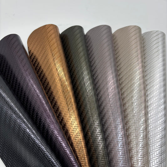 Metallic Woven Texture PU/PVC Leather – Herringbone Embossed Pearlized Upholstery Fabric