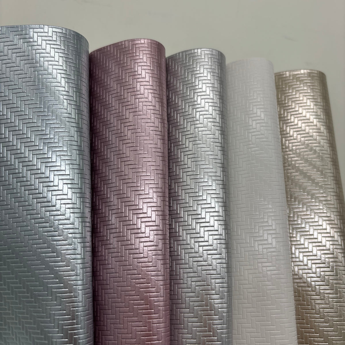 Metallic Woven Texture PU/PVC Leather – Herringbone Embossed Pearlized Upholstery Fabric